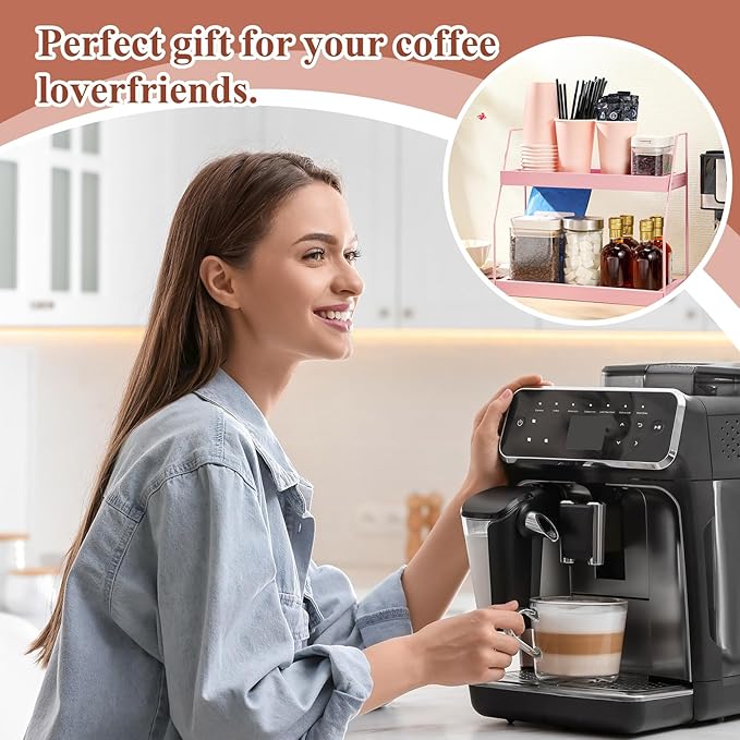 Countertop Coffee Station Organizer, 2 Tier Pink Wooden Shelf for Coffee Bar Accessories, Condiment Storage Caddy for Kitchen, Bathroom, Office