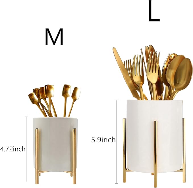 Kitchen Utensil Holder,White Ceramic Silverware Caddy With Golden Metal Frame Chic & Modern Kitchen Cooking