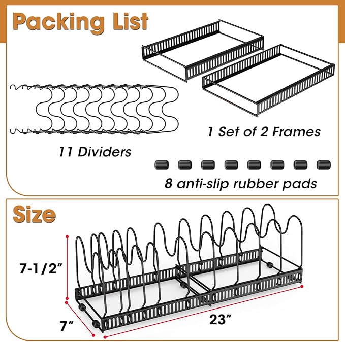 Pots and Pans Organizer, Expandable Rack with 11 Dividers for Bakeware and Lid Storage (Black)