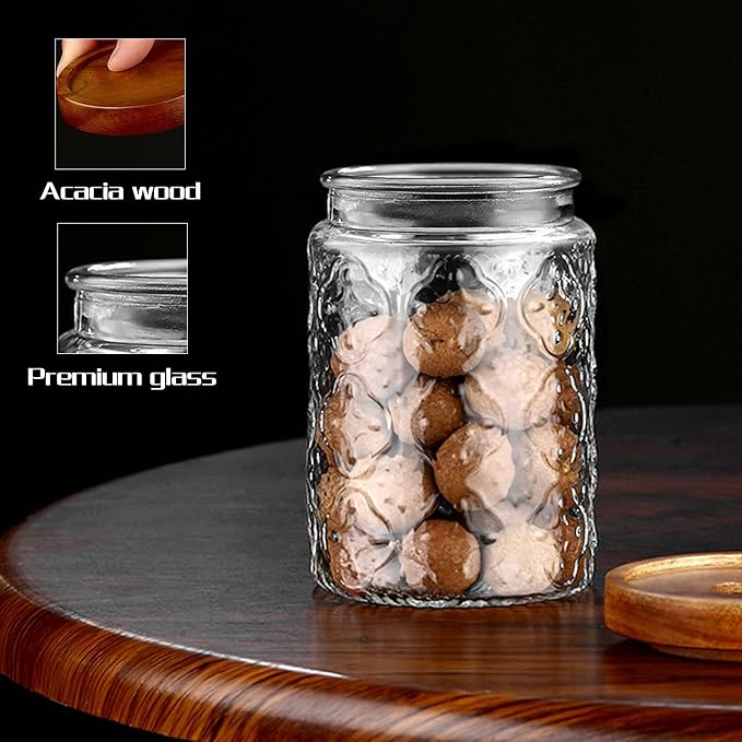 Glass Jar with Lid,4 PCS Airtight Glass Food Storage Container Set,Square Clear Glass Jars Wide Mouth Food Storage Canister with Wooden Lid for Sugar Coffee Beans Tea Spice Oats Snacks (450ML)