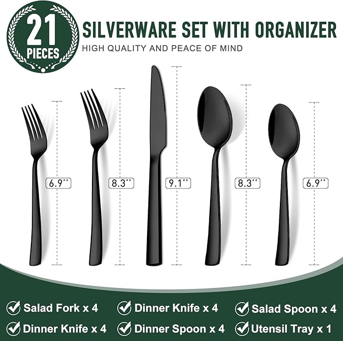 21-Piece Modern Black Silverware Set with Organizer Tray Stainless Steel Eating Utensil Sets Kitchen Knives Forks and Spoons Cutlery Set Heavy Duty Tableware Flatware Sets for 4, Dishwasher Safe