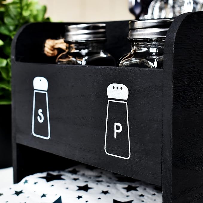 Ikee Design Wooden Utensil Caddy with Handles, Includes Salt Pepper Shaker,Silverware Caddy,Silverware Holder Organizer for Countertop,Party,Camping and Kitchen,Picnic Cutlery Holders,Black Color