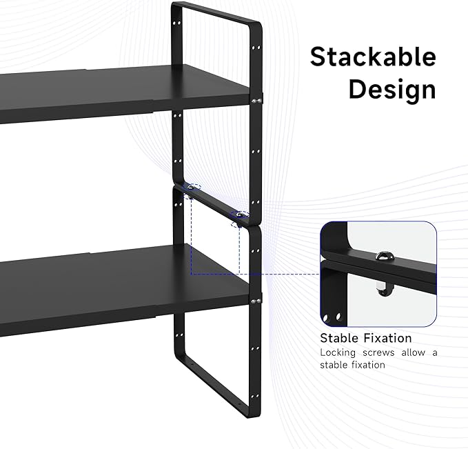 Expandable Cabinet Shelf Organizer, Stackable Kitchen Pantry Counter Storage, Adjustable Closet Cupboard Stand Rack Risers Spice Organization 80LBS Heavy Duty Black Small 1 Pack