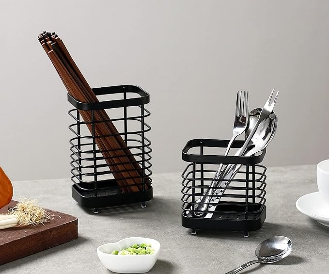 Stainless Steel Kitchen Utensil Holder Countertop, Drying Caddy, Cutlery Drainer, Rust-Proof Organizer (Black Plus)