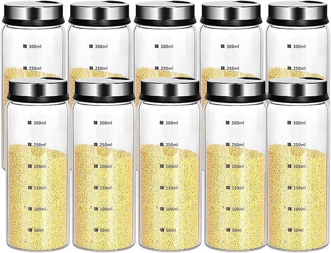10 oz Salt and Pepper Shakers Set with Adjustable Outlet Holes Clear Glass Bottle Spice Seasoning Cans Jar for Kitchen Decor and Home Restaurant BBQ Camping Farmhouse Kitchen Accessories(10 Pcs,300ML)