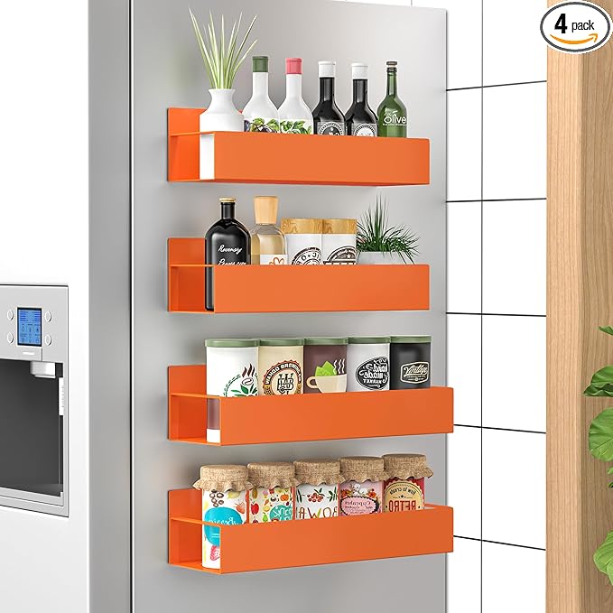 4 Pack Magnetic Spice Storage Rack Organizer for Refrigerator and Oven, Orange Fridge Organizers and Storage