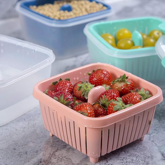 shopwithgreen 50oz Berry Keeper Fruit Storage Container for Fridge, Fresh Food Produce Saver Containers with Removable Drain Colanders and Lid, Vegetable Lettuce Keeper Bowl for Refrigerator Organizer