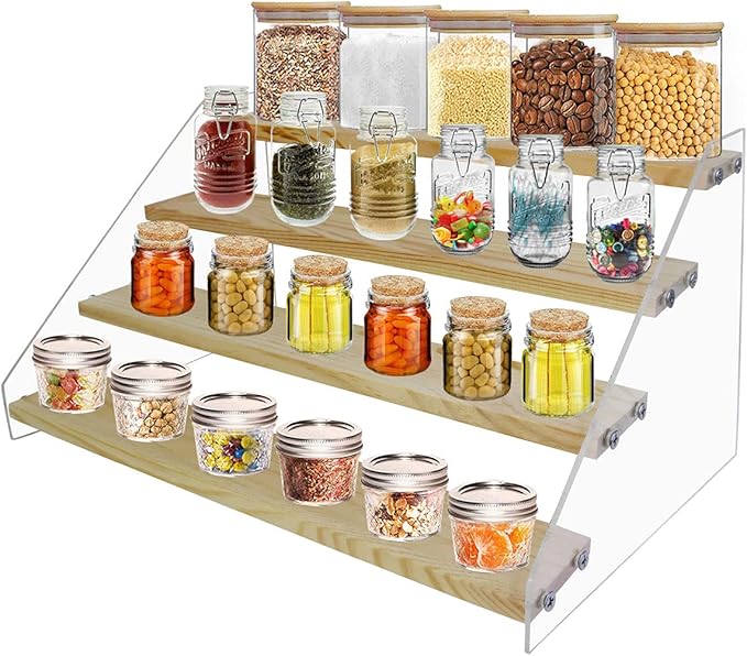 VAEHOLD Spice Rack Organizer for Cabinet & Countertop - Seasoning Organizer Spice Shelf - Space Saving Wooden Display Risers Shelf Showcase Fixtures Jewelry (4 Tier)