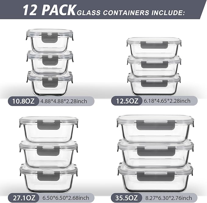 12 Pack Glass Food Storage Containers with Lids, Glass Meal Prep Containers Set with Leak Proof Lids, Airtight Lunch Container for Kitchen, Microwave, Oven, Freezer, Dishwasher Safe, Bpa free