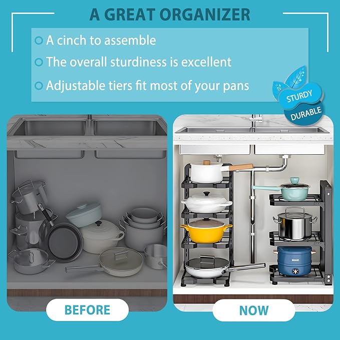 Pot and Pan Organizer Rack for under Cabinet, Heavy Duty Pot Pan Rack under Sink Organizers and Storage, Pot lid organizer, Kitchen Cabinet Organizer with 4 Adjustable Tiers