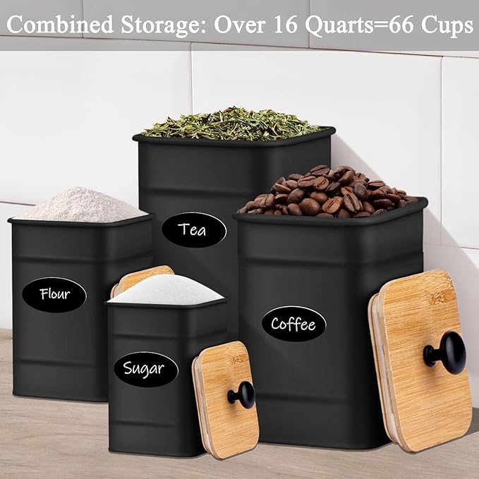 Black Canisters Sets for the Kitchen Counter,Flour Sugar Storage Containers,Metal Farmhouse Kitchen Canisters Set of 4,Coffee Tea Sugar Spice Flour Food Storage Container with Airtight Bamboo Lids