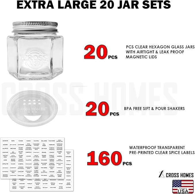 20 Set Magnetic Spice Jars Large 4 oz Refrigerator Hexagon Glass Spice Jars Magnetic Lids Shaker Spice Labels Magnetic Glass Spice Containers for RV Travel Trailer Kitchen Fridge Cabinet Wall mount