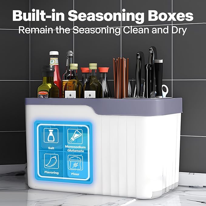Spice Rack Organizer & Holder with Knife Block, Multifunctional Kitchen Organizer with Seasoning Storage Box, Seasoning Box, Spices Jars Storage Shelf for Kitchen Countertop