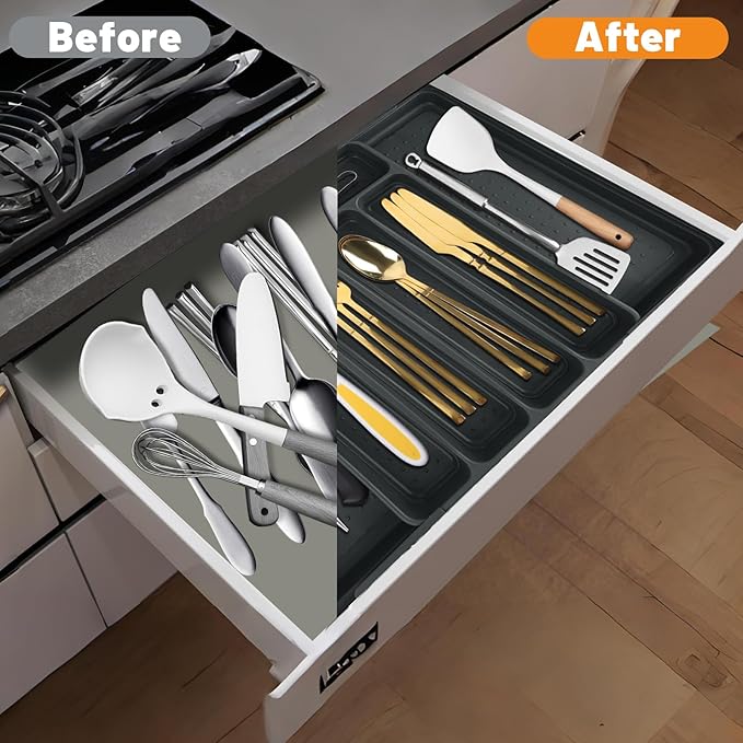 Expandable Silverware Drawer Organizer, Adjustable Kitchen Utensil Tray, Cutlery Flatware Organizer for Forks, Spoons, Knives (Large, Grey)