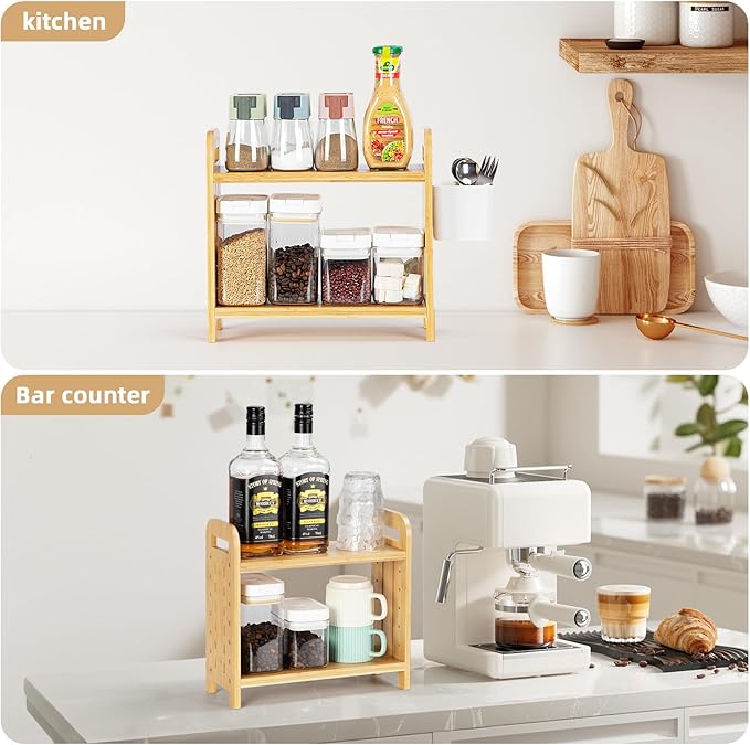 Spice Rack with Pegboard & Accessories for Kitchen Counter, Desk Organizer for Corner, Plants Rack 2-Tier, Kitchen Counter Shelf with Plastic Storage Box, Bamboo