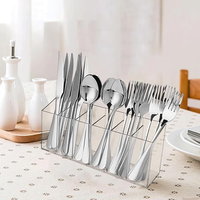 Acrylic Cutlery Storage Organizer Holder Silverware Caddy for Kitchen Countertop -Holds Fork, Knife, Spoon, Silverware - 6 Divided Sections Transparent