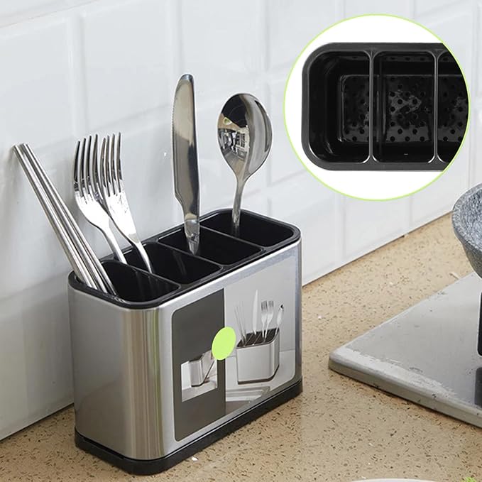 2PCS Silverware Cutlery Organizer, Stainless Steel Kitchen Utensil Holder with 4 Compartments for Counter, Caddy Organizer for Faltware Spoon Fork and Tool