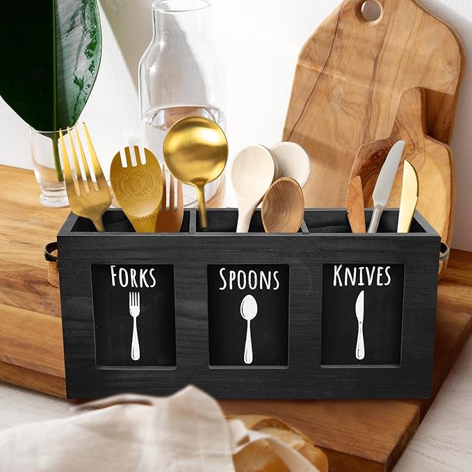 Wood Flatware Organizer, Rustic Utensil & Silverware Holder for Forks, Spoons, Knives, Farmhouse Kitchen Cutlery Caddy Bin Countertop - Black