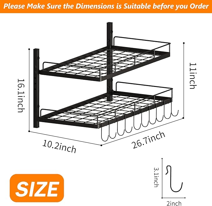 2 Tiers Hanging Pot Rack Wall Mounted, Large Weight Capacity Pots and Pans Hanging Rack with 10 Hooks for KItchen Organizer Storage(Heavy Duty)