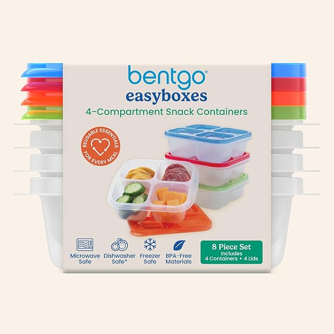 Bentgo Easyboxes 4-Compartment Snack Containers - 8-Piece Set with 4 Trays & 4 Custom-Fit Lids to Seal in Freshness - Reusable Food Storage & Meal Prep Bento BPA-Free Containers (Classic)