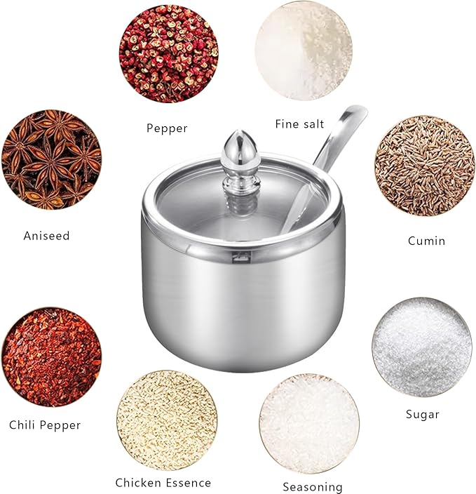 Kitchen Stainless Steel Spice Jars Seasonning Box with Spoons, Seasoning Containers Bottles with Stainless Steel &Clear Glass Cap,10oz for Home and Kitchen (1)