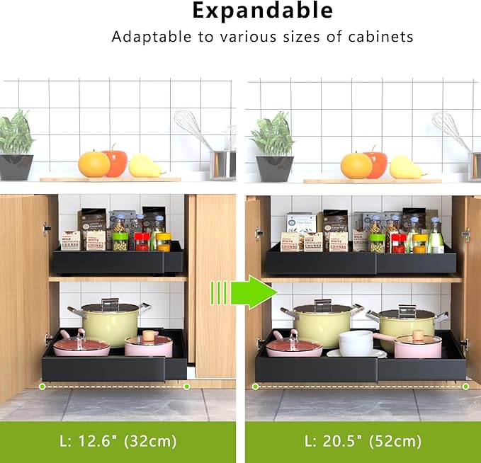 2 Pack Pull Out Cabinet Organizer,21" Deep Slide Out Drawer Organizers,No Drill Pull Out Drawers Adhesive with Nano Compatible Framed Cabinets Shelves for Kitchen Pantry Adjustable Width