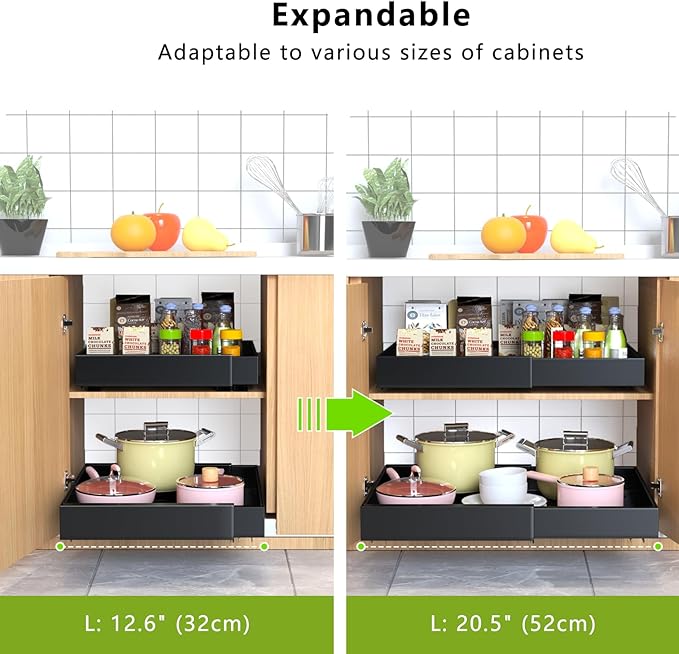 2 Pack Pull out Cabinet Organizer, Expandable Slide out Drawers Organizers Durable Rack Fixed with Adhesive Nano Film Compatible Framed Cabinets Shelves for Kitchen Pantry Adjustable Width 12.4"-20.4"
