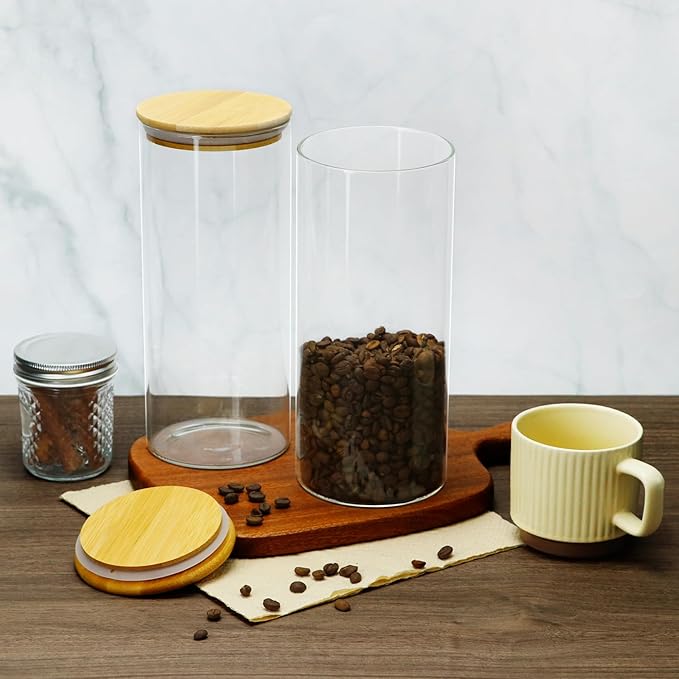 QWORK Glass Coffee Bean Container, 52.36 FL OZ (1550 ML) Clear Canister, 2 Pack Thickened Borosilicate Glass Food Storage Jar with Airtight Bamboo Lid for Coffee, Tea, Spices