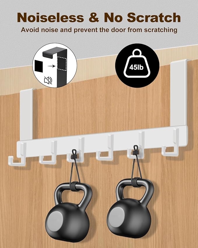 2 Pack Over The Door Hooks, Sturdy Door Hanger, Large Over The Door Towel Rack with 6 Hooks, Heavy Duty Easy to Install, for Bathroom, Bedroom,Kitchen,Hanging Towels, Coats (White).