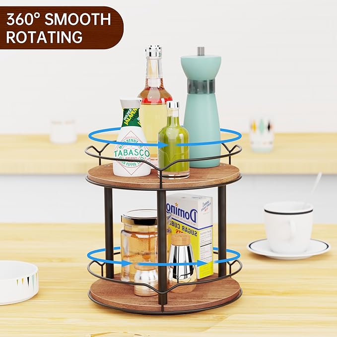 Lazy Susan Organizer 2 Tier - Turntable Spice Rack for Table Top, Wooden Rotating Lazy Susan for Cabinet Pantry Kitchen Countertop Dining Table Cupboard Bathroom Vanity Storage