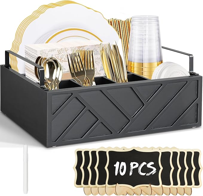 Paper Plate Dispenser with 10 Mini Chalkboard Signs, Wood Paper Plate Holders, Utensil Holder for Party Camping Buffet, Cutlery Flatware Organizer Box, Silverware Caddy for Plate Cup Fork Spoon(Black)