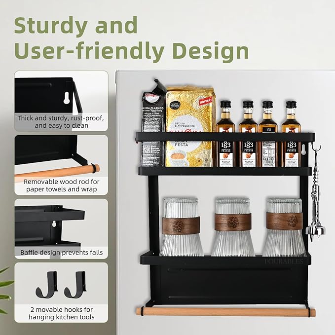 Magnetic Spice Rack for Refrigerator, Kitchen Organizers with Paper Towel Holder for Kitchen Storage, Magnetic Shelf for Fridge, Washer, Coffee maker and More Metal Surface (Black)