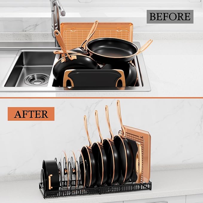 Expandable Pot and Pan Organizer Rack - Adjustable Kitchen Cabinet Holder for Pots, Lids, and Pans