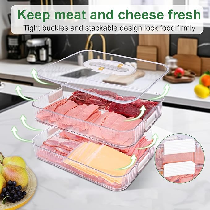 AIERSA Deli Meat Container for Fridge, Lunch Meat Container for Refrigerator, Food Storage Containers with Lids for Cheese, Cold Cuts, Bacon, Ham, Sandwich Meat Keeper, Airtight