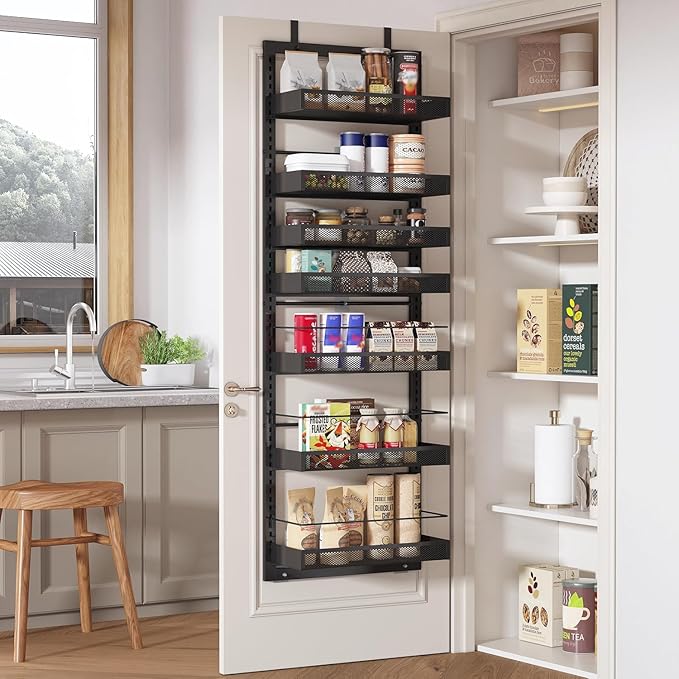 UMDONX Over The Door Pantry Organizer,7-Tier Pantry Organization and Storage with Adjustable Baskets,Metal Hanging Spice Rack with 2 Detachable Guardrails