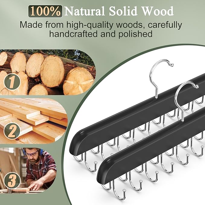 2 Pack Bra Hangers for Closet Organizer, Round Rectangle Bra Organizer with 40 Stainless Steel Hooks, Wooden Tank Top Hanger, Closet Organizers and Storage for Bras Camis Belts Ties, Black