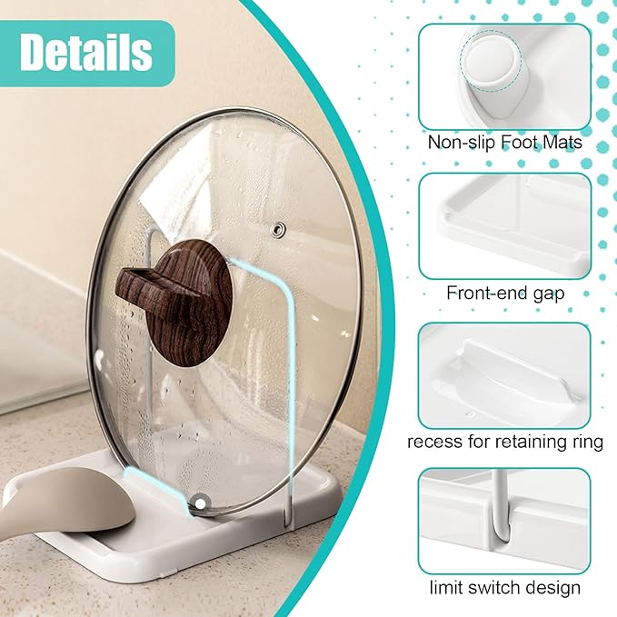 Pot Lid Holder, Spoon Holder for Stove, Foldable Pan Lid Organizer Stand with Nonslip Pads, Multifunctional Utensils Pan Pot Cover Lid Rack Shelf for Kitchen Counter, White