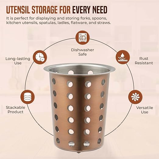 OCS Parts Stainless Steel Utensil Drying Cups | Copper | Perforated Kitchen Flatware and Silverware Holder