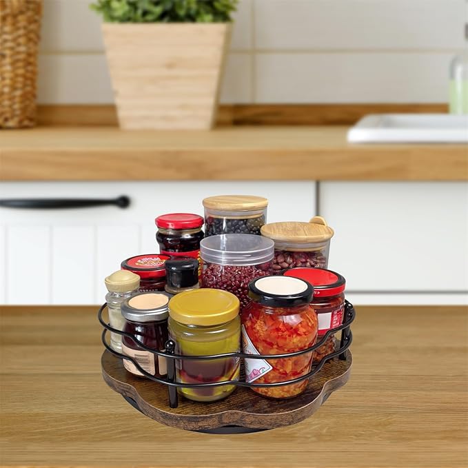 13" Wood Lazy Susan Turntable Organizer, 360°Rotating Non-Slip Lazy Susan Spice Rack Organizer with Higher Edge for Table Top Cabinet Kitchen Countertop Dining Table Coffee Bar Storage