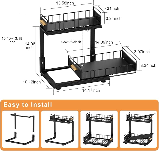 Under Sink Organizer, High Adjustable 2 Tier Under Kitchen Sink Organizer, Multi-Purpose Storage Shelf for Kitchen Bathroom Cabinet, Black