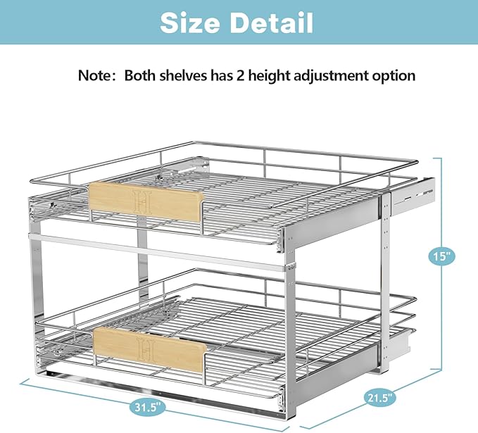 LOVMOR 2 Tier Pull Out Cabinet Organizer 31½" W x 21½" D, Slide Out Drawers with Wooden Handle, Sliding Shelves Organization and Storage for Kitchen, Pantry