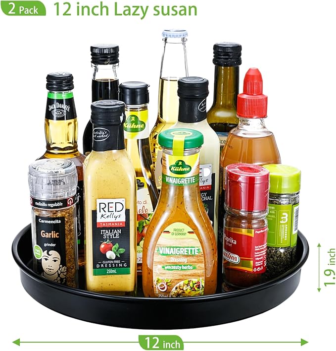 Amolliar Black Lazy Susan Turntable Organizer, 12" 2 Pack, Non-Skid Metal Spice Rack Organization for Cabinet, Kitchen, Fridge, Countertop, Makeup, Pantry Organizer and Storage, Under Sink Organizer