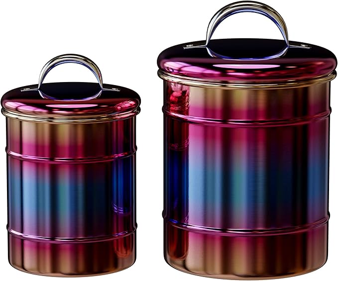 Amici Home Rainbow Metal Storage Canister | Set of 2 | Airtight Lid | 38 & 64 Ounce Capacity | Modern Home Décor | Decorative Metal Canisters for Kitchen Countertop