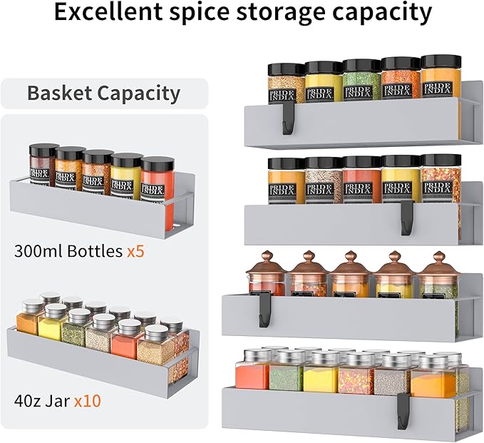 4-Piece Extra-large Capacity Magnetic Spice Rack for Refrigerator, Gray