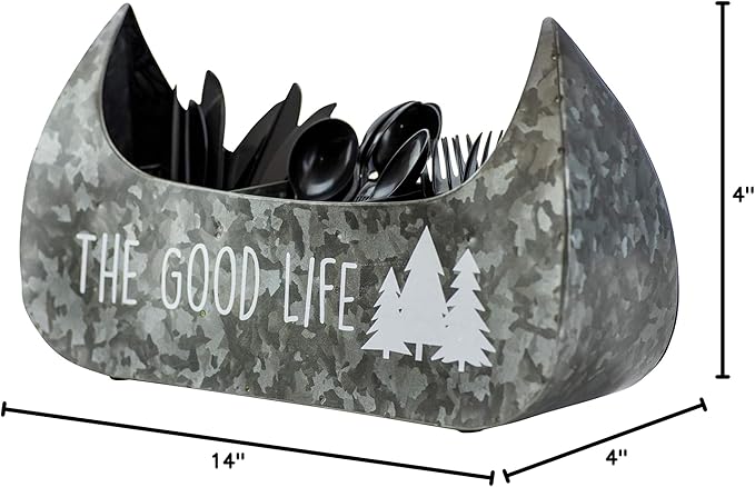 Boston Warehouse 55169 Canoe Shaped Galvanized Metal Flatware Caddy, 14 Inch, The Good Life
