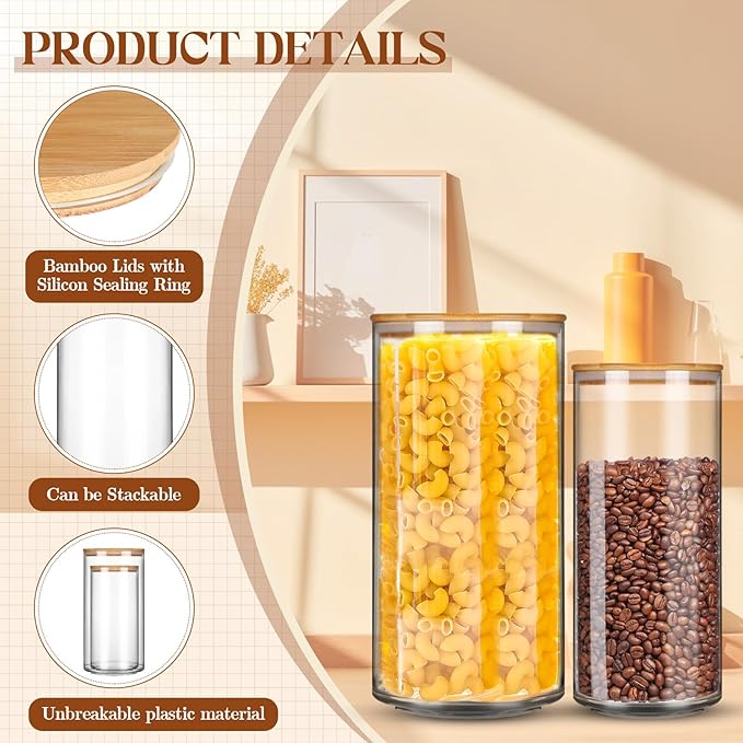 Vesici 4 Pcs Large Acrylic Storage Canister 180 oz and 93 oz Jars with Bamboo Lids Clear Acrylic Canister Unbreakable Airtight Storage Jars for Kitchen, Coffee Rice Pantry Organization
