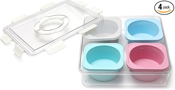 500ml Pizza Dough Proofing Containers for DIY family Artisan Pizza, Food Grade Silicone Stackable Boxes with Lids-4 Pack (Four-color containers with carry-on tray)