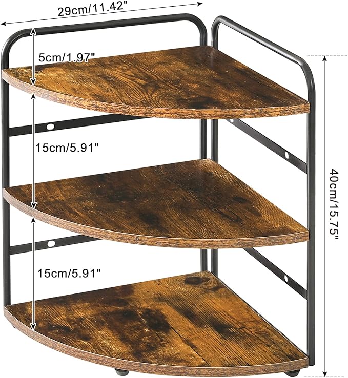 IBUYKE Corner Shelf, Kitchen Counter Organizer, Spice Rack, Bathroom Vanity Trays, 3-Tier Bedside Shelf for Small Spaces,Cosmetic Storage Perfume Holder, Adjustable Height, Rustic Brown, TWJ002H