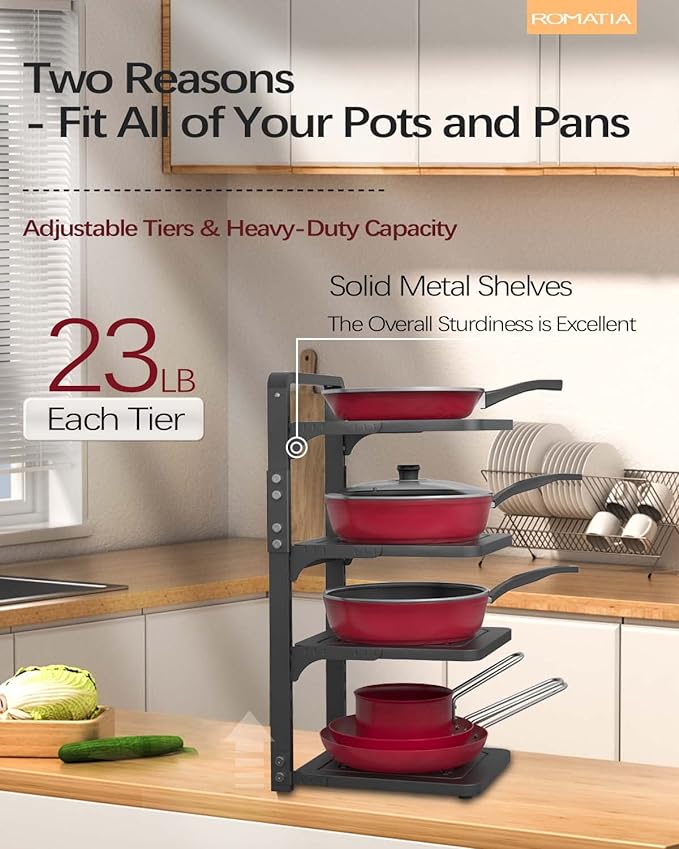 Pot and Pan Organizer Rack for under Cabinet, Heavy Duty Pot Pan Rack under Sink Organizers and Storage, Pot lid organizer, Kitchen Cabinet Organizer with 4 Adjustable Shelves