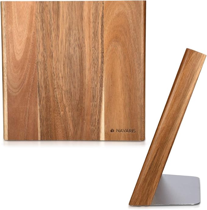 Navaris Wooden Magnetic Knife Holder - Universal Wood Magnetic Block & Organizer for Knives, Scissors, Kitchen Cutlery - Acacia, 10.9" x 10.8"